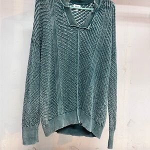 BKE Washed Notch Neck Oversized Cotton Open Weave Jasper Green Sweater Size S